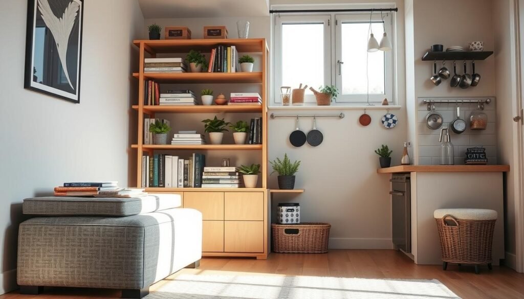 A cozy small apartment interior showcasing innovative storage solutions. In the foreground, a multi-functional ottoman with hidden compartments sits against a stylish wall. In the middle, a wooden shelving unit filled with neatly arranged books, plants, and decorative boxes creates an organized atmosphere. Below the shelving, decorative baskets provide additional storage. In the background, a compact kitchen features hanging pot racks and magnetic spice jars, maximizing vertical space. Soft, natural lighting floods the room through a window, casting gentle shadows and enhancing the warm, inviting feel. The overall mood is creative and inspiring, inviting viewers to envision practical yet aesthetic storage ideas for their own small spaces.