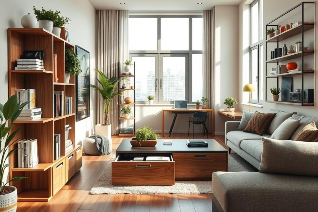 A cozy small apartment interior showcasing innovative storage solutions. In the foreground, a stylish bookshelf with integrated compartments holding books, plants, and decorative boxes. The middle ground features a multifunctional coffee table with hidden drawers, surrounded by sleek, minimalistic furniture. A wall-mounted, foldable desk is visible, enhancing workspace efficiency. In the background, utilize vertical space with open shelving displaying vibrant decor and kitchen essentials. Natural light floods the room through large windows, casting soft shadows, while warm tones create an inviting atmosphere. Capture a realistic texture of materials like wood and fabric, with a slight lens distortion to give a cozy feel, inviting viewers to imagine the potential of efficient storage in their own small spaces.