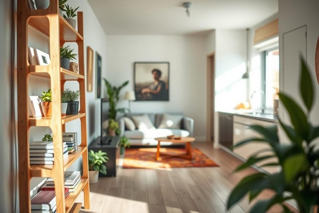 A cozy small apartment interior, showcasing innovative vertical shelving that maximizes floor space. In the foreground, a wooden ladder-style shelf filled with plants, books, and decorative items. The middle section displays a stylish living area with a compact sofa and a vibrant rug, creating a warm atmosphere. The background reveals a well-organized kitchen with minimalist cabinetry. Soft, natural light filters through a window, casting gentle shadows that enhance the space's depth. A shallow depth of field focuses on the shelving unit while softly blurring the surroundings, creating a serene ambiance. The overall mood is inviting and practical, emphasizing organization and space efficiency in an urban setting.