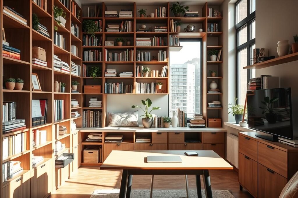 A cozy small apartment interior showcasing innovative vertical storage solutions, featuring a stylish floor-to-ceiling bookshelf filled with an eclectic mix of books, plants, and decorative boxes. In the foreground, a compact desk with minimalist design complements the shelving, enhancing functionality. The middle ground displays a vibrant green potted plant on a sleek window sill, adding a touch of nature to the scene. Soft, natural light streams through large windows, creating warm shadows and highlighting the textures of the wooden furniture and shelving. The overall atmosphere is inviting and well-organized, illustrating the clever use of space in an urban living environment, captured with a slightly elevated angle to emphasize the height of the storage.