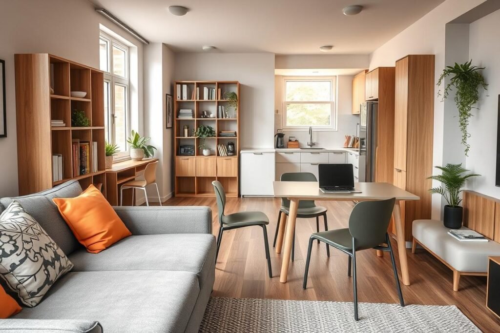 A cozy small apartment interior showcasing multi-functional furniture designed for maximizing space. In the foreground, a stylish sofa bed with decorative cushions serves as both seating and a sleeping area. In the middle, a compact dining table that can be extended, surrounded by sleek, stackable chairs, reflects innovation in design. A wall-mounted bookshelf also doubles as a workspace, featuring a small desk and a laptop. The background reveals a bright, open kitchen area with minimalist storage solutions and plants for a touch of greenery. Soft, natural lighting filters through large windows, creating a warm and inviting atmosphere. The scene is captured from a slightly elevated angle to showcase the layout and functionality of the furniture, evoking a sense of smart, stylish living in a small space.