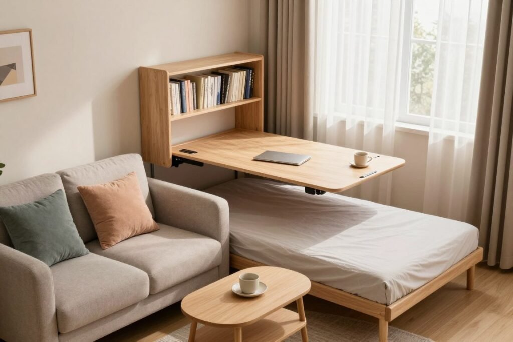 A cozy small apartment interior showcasing multi-functional furniture solutions. In the foreground, a stylish sofa bed with cozy throw pillows, seamlessly transforming into a bed, alongside a compact, modern coffee table that can be extended for dining purposes. The middle layer includes a wall-mounted, foldable desk that is cleverly utilized for work, paired with a sleek bookshelf filled with neatly arranged books. In the background, large windows with sheer curtains let in soft, warm natural light, enhancing the inviting atmosphere. The color palette combines soft pastels and earthy tones for a calming vibe. The angle is slightly elevated, providing a comprehensive view of the room’s space-saving design, conveying a homey and practical aesthetic, ideal for maximizing small living areas.