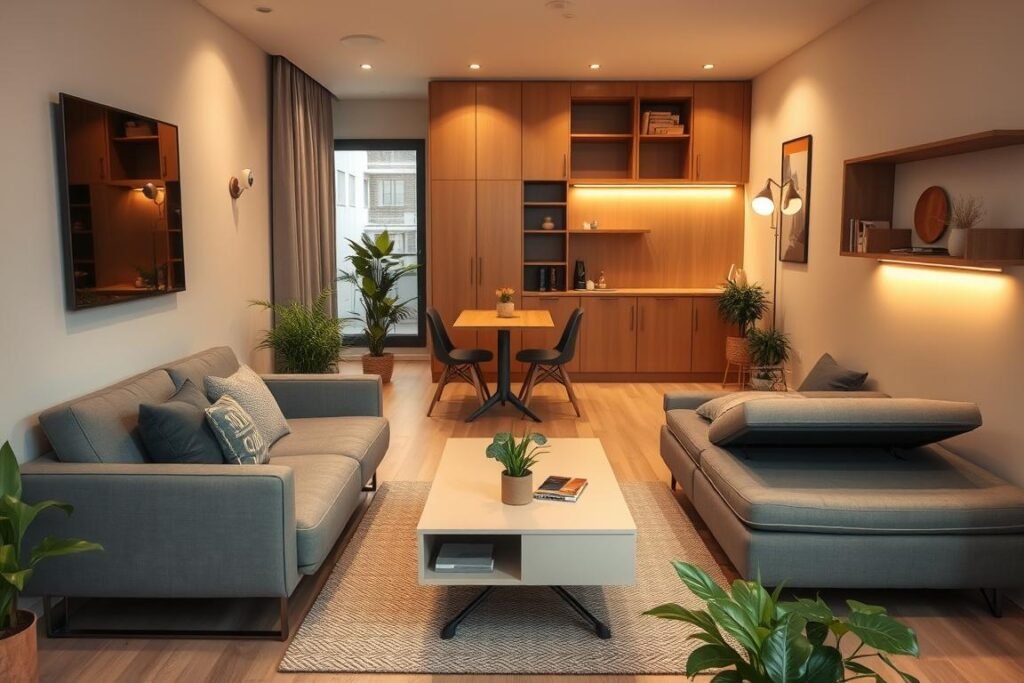 A cozy small apartment interior showcasing multifunctional furniture designed for maximizing space. In the foreground, a sleek sofa that converts into a bed, paired with an elegant coffee table that opens to reveal hidden storage. The middle ground features a compact dining table with foldable chairs, surrounded by greenery from potted plants. In the background, a cleverly integrated wall unit displays a combo of shelving and a workspace, with warm ambient lighting casting a soft glow over the scene. The room is decorated in modern minimalist style with neutral tones, creating a serene atmosphere. The image captures the essence of practicality and comfort in limited living space without any human figures.