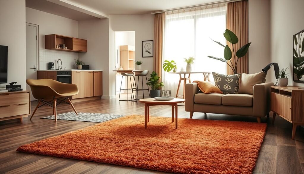 A cozy small apartment interior showcasing various defined zones using colorful area rugs. In the foreground, a plush area rug in rich earth tones delineates a seating area with a small coffee table and two stylish chairs. The middle features a kitchen nook with a patterned rug, surrounded by minimalist bar stools and a compact dining table. In the background, a light-filled window with sheer curtains casts soft natural light, enhancing the warm atmosphere. Subtle greenery in potted plants adds life to the scene. The overall mood is inviting and snug, perfect for illustrating the concept of space-saving aesthetics. The angle is a slightly elevated perspective, capturing all the defined areas harmoniously.