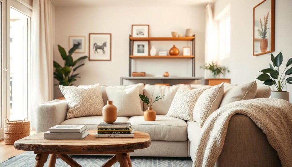 A cozy small apartment interior with a warm neutral color palette, featuring soft beige, creamy whites, warm taupes, and gentle grays. In the foreground, a plush beige sofa adorned with textured pillows and a soft throw blanket. In the middle ground, a rustic wooden coffee table stacked with books, a warm-hued vase, and a small green plant for freshness. The background showcases softly lit walls with subtle artwork, a warm wooden shelf with decorative items, and a window letting in soft, natural sunlight. Use a warm soft focus effect to enhance the inviting atmosphere, captured from a slightly elevated angle to provide a sense of depth and space, conveying a sense of serenity and comfort in the living area.