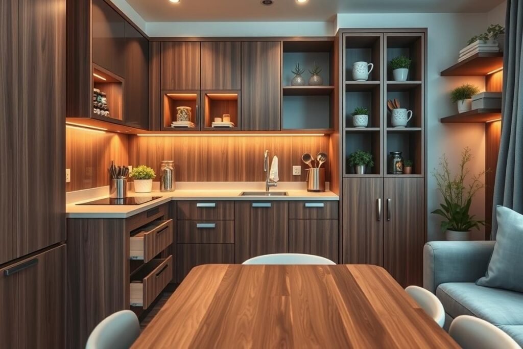 A cozy small apartment kitchen featuring clever hidden storage solutions. In the foreground, a compact kitchen island doubles as a dining space, with pull-out drawers integrated into the sides. The middle ground showcases cabinets with concealed compartments, revealing spices and utensils, blending seamlessly with the sleek cabinetry. In the background, open shelves are adorned with decorative bins and vertical pots, maximizing wall space. Soft, warm lighting creates an inviting atmosphere, highlighting the rich wood textures and pastel-colored accents. The perspective is slightly elevated, capturing the entire layout while maintaining a sense of intimacy. The overall mood is modern yet functional, illustrating innovative storage ideas in a stylish, compact setting. A cozy small apartment kitchen featuring clever hidden storage solutions. In the foreground, a compact kitchen island doubles as a dining space, with pull-out drawers integrated into the sides. The middle ground showcases cabinets with concealed compartments, revealing spices and utensils, blending seamlessly with the sleek cabinetry. In the background, open shelves are adorned with decorative bins and vertical pots, maximizing wall space. Soft, warm lighting creates an inviting atmosphere, highlighting the rich wood textures and pastel-colored accents. The perspective is slightly elevated, capturing the entire layout while maintaining a sense of intimacy. The overall mood is modern yet functional, illustrating innovative storage ideas in a stylish, compact setting.