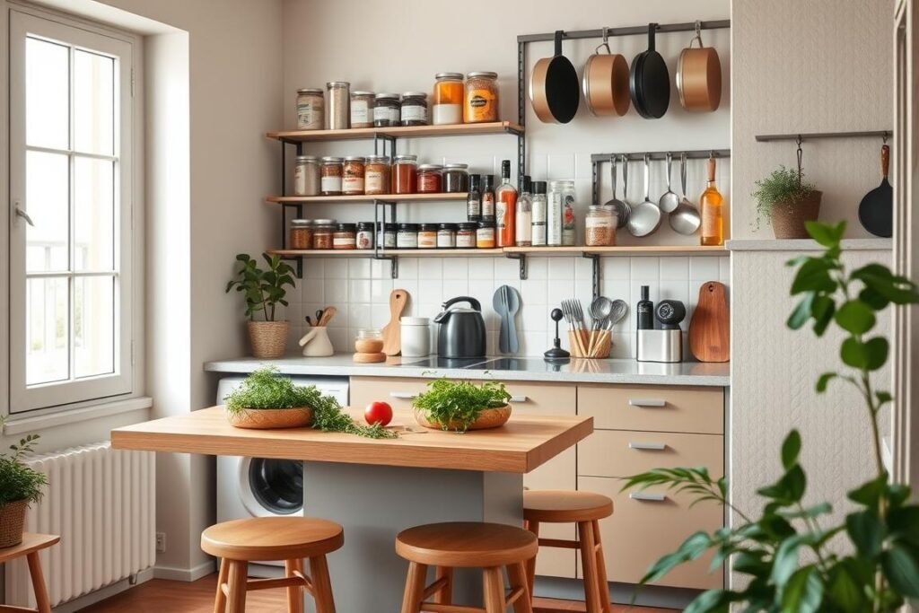 A cozy, small apartment kitchen, showcasing innovative organization strategies. In the foreground, a compact kitchen island with multi-functional stools, topped with fresh herbs and kitchen essentials. The middle of the scene features open shelving displaying neatly organized jars, utensils, and a colorful array of spices. A wall-mounted rack holds pots and pans, freeing up counter space. The background reveals a window allowing soft natural light to filter in, illuminating the space. The warm, inviting atmosphere is complemented by muted pastel colors and greenery. The image is captured from a slight angle, emphasizing depth and creating an inviting, practical kitchen environment.