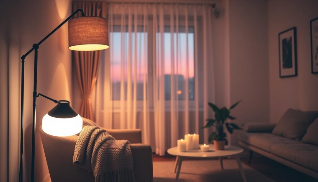 A cozy small apartment living room bathed in soft, warm ambient lighting. In the foreground, a stylish floor lamp emits a gentle glow, illuminating a plush armchair draped with a knitted throw blanket. The middle ground features a minimalist coffee table adorned with elegant candles and a small potted plant. Behind, a window is partially draped with sheer curtains, allowing a hint of twilight to filter through, creating a soothing, inviting atmosphere. The walls are painted in muted tones, adorned with simple artwork that adds character without overwhelming the space. The image captures a serene, tranquil mood, focusing on creating a sense of comfort and warmth, ideal for a cozy apartment aesthetic. Use a lens that softly blurs the edges to enhance the dreamy quality of the light.