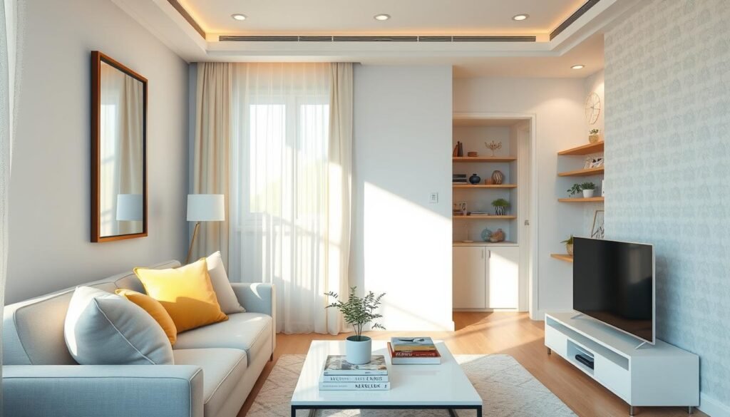A cozy small apartment living room featuring a harmonious color scheme of soft pastels like light blue, pale yellow, and creamy white. In the foreground, a stylish, minimalist sofa adorned with fluffy cushions in complementary shades, and a sleek coffee table with decorative books and a small potted plant. The middle of the room showcases a large, elegant mirror on one wall, enhancing the sense of space and light. Bright natural daylight streams through sheer curtains, casting soft shadows, while subtle ambient ceiling lighting adds warmth. In the background, shelves with neat decor and a subtle, textured wallpaper complete the inviting atmosphere, creating an illusion of spaciousness and tranquility in this intimate setting.