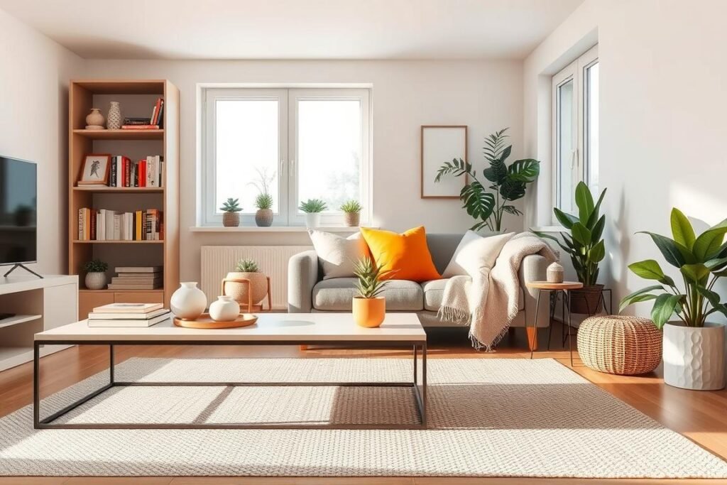 A cozy small apartment living room featuring a minimalist design emphasizing ruthless decluttering and smart organization. In the foreground, a sleek, stylish coffee table holds a few carefully chosen decorative items, while an organized bookshelf showcases neatly arranged books and plants. The middle layer reveals a compact sofa adorned with vibrant cushions and a lightweight throw blanket, inviting comfort without clutter. In the background, large windows allow soft, natural light to filter in, illuminating the space and creating an airy atmosphere. The walls are painted in soothing tones, while a textured rug anchors the room, emphasizing a harmonious balance. Capture this scene from a slightly elevated angle, with a wide lens to enhance the sense of spaciousness and warmth.