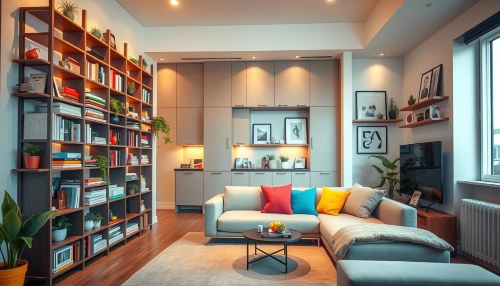 A cozy small apartment living room featuring innovative vertical storage solutions. In the foreground, a sleek, modern bookshelf stretches from floor to ceiling, filled with books, plants, and decorative items, providing an inviting focal point. The middle ground showcases a minimalist sofa adorned with colorful cushions, complementing the vibrant decor. In the background, tall cabinets and wall-mounted shelves create a sense of height, displaying artwork and additional storage. Soft, warm lighting illuminates the space, casting a gentle glow and enhancing the sense of comfort. Use a wide-angle lens to capture the entire room, emphasizing the clever use of vertical space. The atmosphere is inviting and stylish, perfect for maximizing functionality in a small living area.