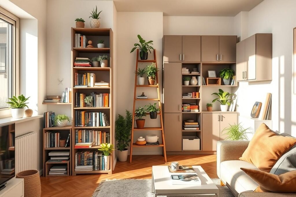 A cozy small apartment living room featuring innovative vertical storage solutions. In the foreground, showcase a tall, sleek bookshelf filled with books, plants, and decorative items that ascend from the floor to the ceiling. In the middle, include a stylish ladder shelf displaying vibrant green potted plants and art supplies. The background reveals a well-organized wall-mounted storage unit with closed cabinets and open shelving, blending practicality with modern design. Natural light streams through a nearby window, casting soft shadows, and highlighting the rich textures of the room. The atmosphere is bright, inviting, and uncluttered, emphasizing the importance of vertical storage in maximizing space while maintaining aesthetic appeal.