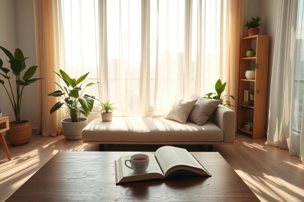 A cozy small apartment living room featuring large windows adorned with flowing sheer curtains that gently flutter in a soft breeze. The sunlight streams in, creating dappled patterns on the light wooden floor, illuminating a minimalist interior filled with potted plants and a comfortable neutral-toned sofa. In the foreground, a simple coffee table holds a steaming cup of tea and an open book, adding to the inviting atmosphere. The middle ground reveals a bookshelf filled with colorful decor and plants, while the background showcases a glimpse of the city skyline through the sheer drapes. The overall lighting is warm and inviting, enhancing the sense of tranquility and openness in the space. Capture this scene from a slightly elevated angle to emphasize the airy feel.