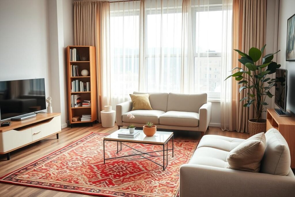 A cozy small apartment living room showcasing strategic furniture arrangements that enhance flow and functionality. In the foreground, a compact sofa in a neutral color, paired with a vibrant patterned rug, invites comfort. To the left, a stylish coffee table sits atop the rug, positioned for easy access. The middle ground features a slim bookshelf filled with books and decorative items, adding personality without bulk. In the background, large windows allow soft natural light to illuminate the space, with sheer curtains creating a warm, inviting atmosphere. A potted plant in the corner introduces a touch of greenery, emphasizing a seamless blend of style and comfort. Capture this layout from a slightly elevated angle, creating a sense of openness and flow within the room's design, all while ensuring realism and variation in arrangement.