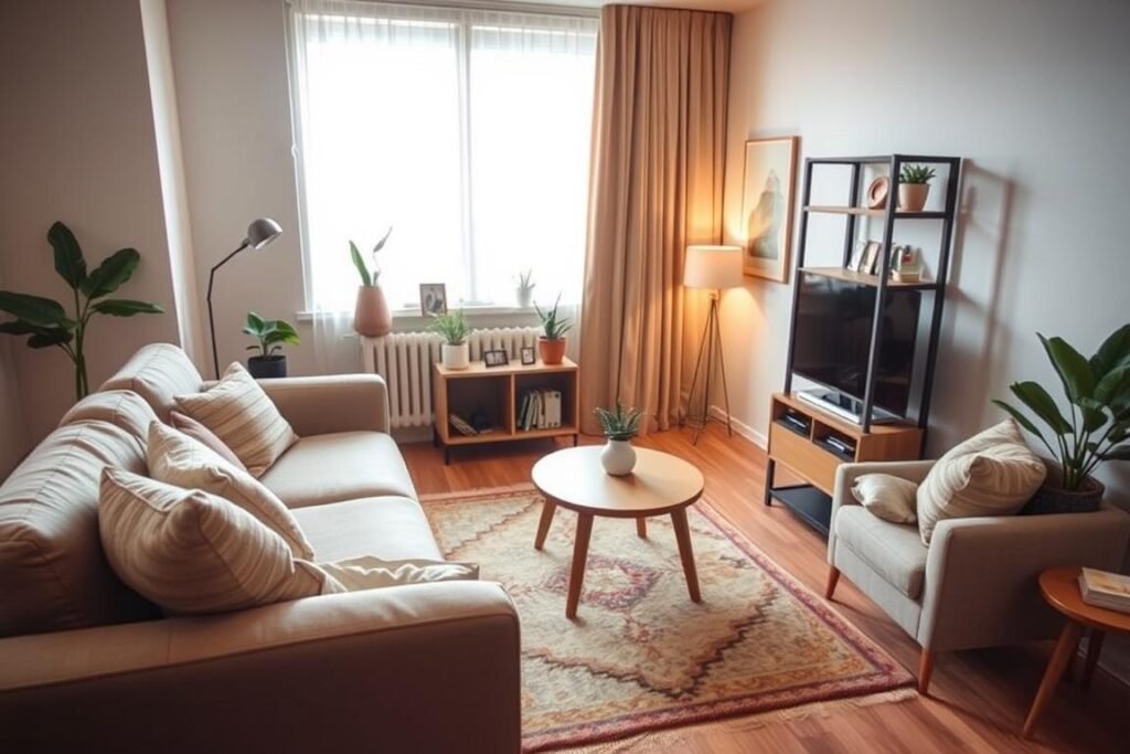 A cozy small apartment living room showcasing strategic furniture placement and layout, designed to maximize space efficiency. In the foreground, a stylish sectional sofa with a mix of textured cushions and a minimalist coffee table. The middle ground features a compact bookshelf with plants and decorative items, while a small, artistic rug ties the setup together. In the background, a bright window allows natural daylight to flood the room, enhancing a warm and inviting atmosphere. Soft and ambient lighting complements the scene, highlighting the cozy decor elements. The overall mood conveys a sense of comfort and functionality, perfect for small apartment living. The angle captures a wide view of the room, emphasizing spatial arrangement and aesthetic appeal.