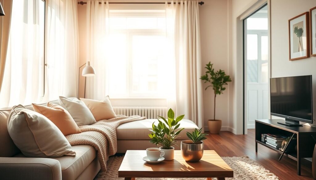 A cozy small apartment living space bathed in warm, natural light streaming through large, elegantly dressed windows. The foreground features a soft, inviting sofa adorned with pastel pillows and a textured throw blanket. In the middle, a stylish, simple wooden coffee table showcases a few green potted plants and a steaming cup of herbal tea, exuding a relaxed atmosphere. The background highlights sheer white drapes that gently diffuse the sunlight, enhancing the room’s brightness. The walls are painted in a soft neutral tone, reflecting a minimalist aesthetic with framed artwork hanging on them. The scene is illuminated with soft, natural light that creates a serene and inviting ambiance, emphasizing the beauty of maximizing natural light in a small space.