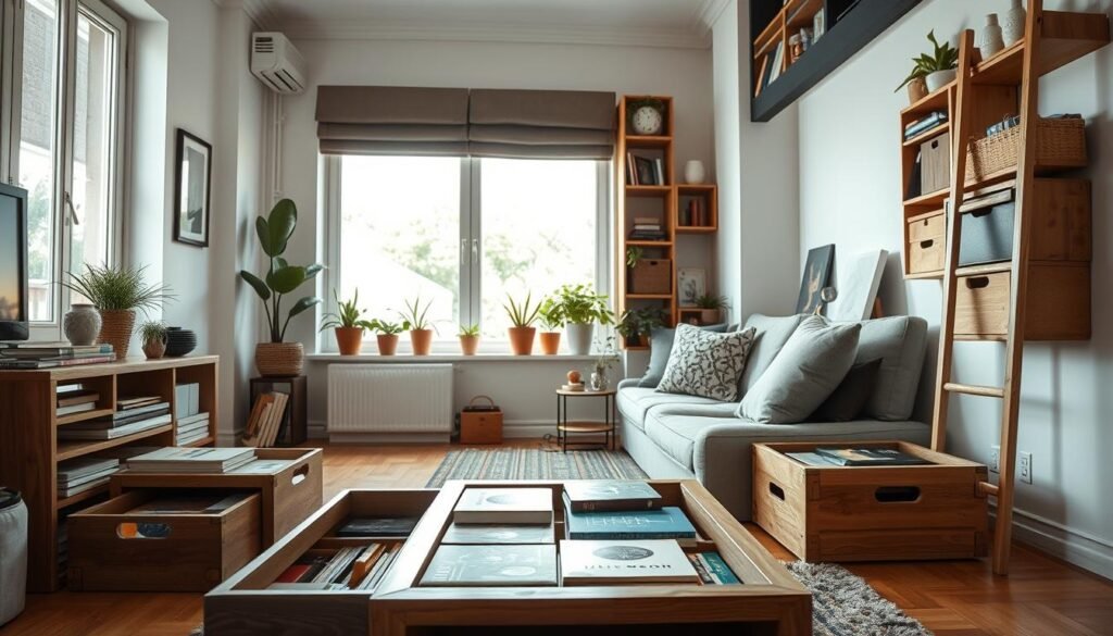 A cozy small apartment living space featuring innovative hidden storage ideas. In the foreground, a multifunctional coffee table with built-in drawers, showcasing neatly organized books and games. In the middle ground, a stylish sofa with cushions that lift to reveal storage compartments, adjacent to a bright, airy window displaying potted plants. In the background, a creative shelving unit made from repurposed crates on the wall, holding decorative items and extra storage boxes, alongside a small nook with a ladder leading to an overhead loft area. Soft, natural lighting fills the room, creating a warm and inviting atmosphere, with a slight focus on texture and color contrast. The overall mood is practical yet aesthetically pleasing, emphasizing clever space utilization without overcrowding.