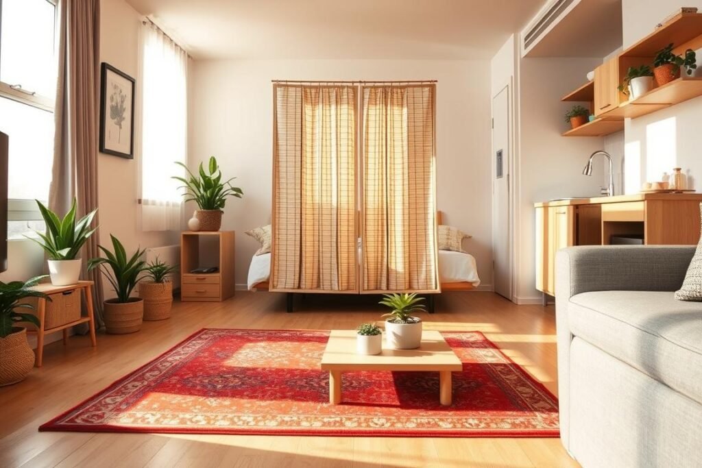 A cozy small apartment showcasing affordable space design techniques. In the foreground, a vibrant area rug defines a living zone, featuring a simple coffee table with potted plants. The middle section highlights a creative room divider made of lightweight materials, such as fabric or bamboo, separating the living and sleeping areas, while providing an inviting atmosphere. Soft lighting from a nearby window casts warm shadows, enhancing the textures of the furnishings. The background includes a compact kitchenette with functional storage solutions and small appliances creatively arranged, maintaining a tidy appearance. The overall mood is bright and welcoming, conveying a sense of comfort and practicality ideal for maximizing small spaces on a budget.