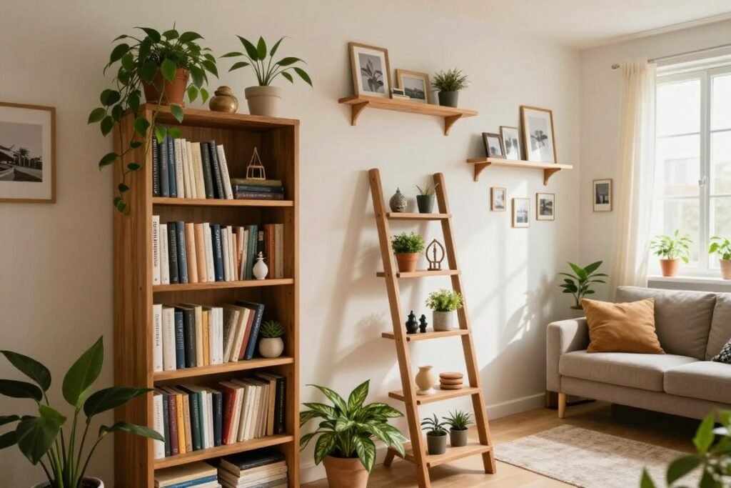A cozy small apartment showcasing effective vertical storage strategies. In the foreground, a tall, wooden bookshelf filled with neatly organized books and decorative items, surrounded by vibrant houseplants. The middle section features a stylish ladder display shelf, holding small potted plants and artistic knick-knacks. Walls adorned with floating shelves displaying photos and crafts, creating an inviting atmosphere. The background should hint at a snug living space, including a compact yet cozy sofa and a large window letting in soft, natural light, casting gentle shadows. The angle captures the room from a slightly elevated perspective, emphasizing the efficient use of vertical space. The overall mood is warm, inviting, and practical, showcasing how to maximize storage while maintaining an aesthetically pleasing environment.