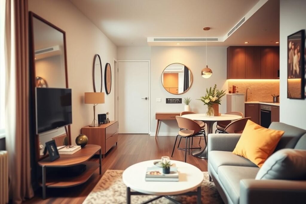 A cozy small apartment with strategically placed mirrors creating an illusion of space and light. In the foreground, a stylish living room showcasing a modern couch and a coffee table, with a large mirror reflecting natural light from a window. In the middle, a well-organized yet compact dining area featuring a round table with elegant chairs, complemented by a mirror on the wall enhancing the ambiance. The background reveals a compact kitchen area with soft ambient lighting, accentuating the warm colors of the decor. The overall mood is inviting and functional, emphasizing clever decor strategies. A soft focus lens effect adds a dreamy quality, allowing the viewer to envision the potential of small living through strategic mirror placement.