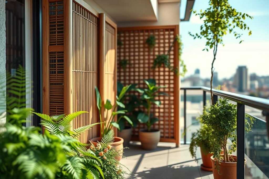 A cozy small balcony scene featuring stylish privacy screens, designed with natural materials such as bamboo and intricate latticework, creating an intimate atmosphere. In the foreground, include lush green potted plants like ferns and flowering vines that add a touch of tranquility. The middle layer showcases the privacy screens effectively separated the balcony space, offering a sense of seclusion without fully enclosing it. In the background, a soft-focus urban environment is visible, hinting at a cityscape with blurred buildings and a bright blue sky. Use gentle, natural lighting with warm tones to evoke a serene ambiance. The perspective should be slightly angled, giving depth to the scene while keeping the focus on the privacy screens and inviting greenery.