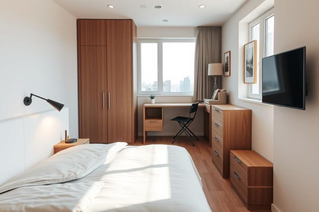 A cozy small bedroom featuring compact, slim-profile furniture designed for space-saving. In the foreground, a minimalist bed with integrated storage drawers, adorned with neutral-toned bedding. Beside it, a sleek nightstand with a small lamp offering soft, warm light. The middle ground showcases a narrow desk with a folding chair, ideal for studying or working, and a compact dresser against the wall. In the background, there are light-colored walls adorned with subtle artwork, and a large window allowing natural light to flood the room, enhancing the airy atmosphere. The scene is well-lit, capturing a modern, functional aesthetic perfect for maximizing small living spaces.