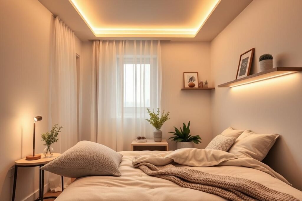 A cozy small bedroom featuring layered lighting for a warm, inviting atmosphere. In the foreground, a plush, light-colored bed adorned with soft, textured pillows and a knitted throw. The middle ground showcases a stylish nightstand with a minimalist lamp providing a soft glow, while a decorative plant adds a touch of greenery. The background includes a wall painted in light hues, accented with subtle artwork and floating shelves that display curated decor. The room is flooded with natural light from a window draped in sheer curtains, complemented by strategically placed LED strip lighting along the edges of the ceiling, creating a cozy ambiance. The overall mood is serene and tranquil, perfect for a relaxing space in a small apartment.