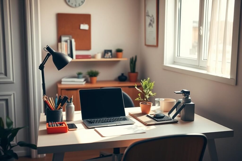 A cozy, small desk setup in a bright, minimalist home office environment. In the foreground, a compact desk features neatly organized stationery, a stylish laptop, and a small potted plant, all bathed in soft, natural light from a nearby window. The middle layer showcases a comfortable ergonomic chair, a wall-mounted shelf with books and decorative items, and a corkboard with pinned reminders. The background includes a light, neutral-colored wall adorned with minimalistic art. The atmosphere is warm and inviting, emphasizing a sense of productivity and creativity in limited space. The image is captured with a slight angle, highlighting the depth of the workspace, while soft shadows create a calming effect.