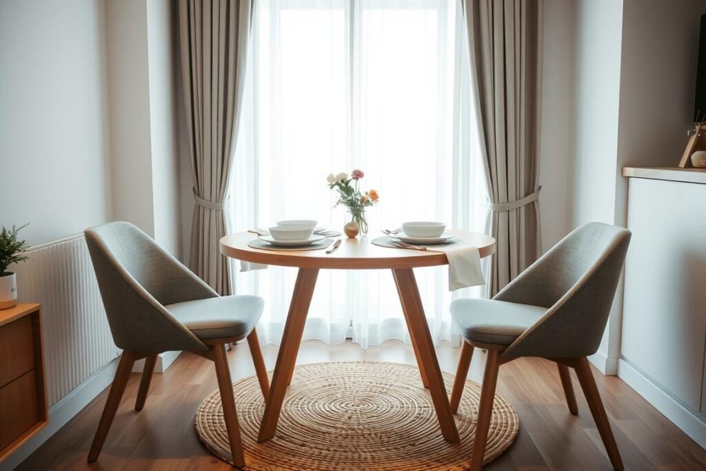 A cozy small dining table set in a modern apartment, featuring a round wooden table with a natural finish surrounded by four stylish, upholstered chairs. The foreground showcases the table elegantly laid with a simple white tablecloth, minimalist dinnerware, and a small vase of fresh flowers. In the middle, a warm woven rug adds texture to the scene, enhancing the inviting atmosphere. The background reveals a softly lit window with sheer curtains, allowing gentle daylight to stream in, casting a soft glow across the room. The mood is bright and airy, with a focus on practicality and comfort, complementing the idea of maximizing a small dining area in a stylish way.