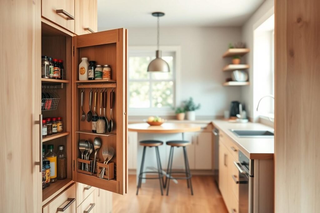 A cozy small kitchen featuring innovative hidden storage solutions on the cabinet doors. In the foreground, focus on open cabinet doors with neatly organized spice racks and small utensil holders, beautifully arranged against a light wooden backdrop. In the middle, there’s a compact kitchen island with a few bar stools, showcasing efficient use of space. In the background, a window allows soft, natural light to fill the room, enhancing the warm atmosphere. The countertops are clutter-free, with a small indoor herb garden adding a touch of greenery. Utilize a warm color palette to convey comfort and creativity, with a slight depth-of-field effect to draw attention to the cabinet door storage. The overall mood is inviting and inspiring, perfect for maximizing small spaces.