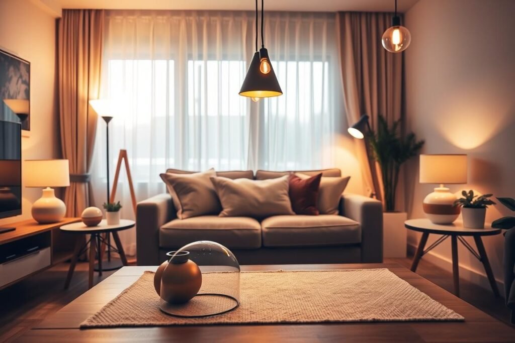 A cozy small living room designed for an apartment, showcasing a layered lighting concept. In the foreground, a stylish coffee table with a soft, textured runner, and decorative items that catch the warm light. In the middle, a comfortable sofa adorned with plush cushions in muted tones, illuminated by a mix of table lamps with soft white bulbs and hanging pendant lights with warm hues. The background features a softly lit window draped with sheer curtains, allowing natural light to blend harmoniously with the artificial lights. The atmosphere is inviting and serene, evoking a sense of warmth and comfort, perfect for relaxation and social gatherings. Shot with a slightly wide-angle lens to capture the entire room and create depth, emphasizing the interplay of light and shadows.