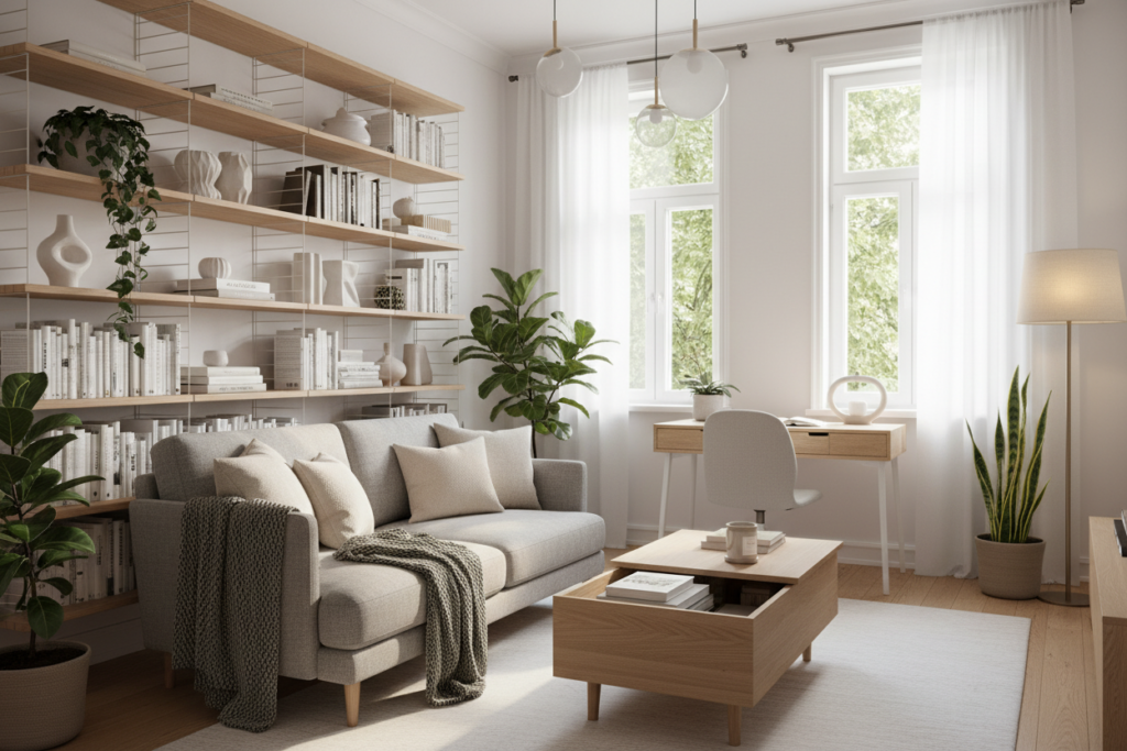 A cozy small living room designed for maximum efficiency. In the foreground, a stylish, compact sofa adorned with soft cushions sits against a wall with open shelving, featuring books and decorative plants. The middle ground includes a multifunctional coffee table that doubles as storage and a small, sleek desk with a minimalistic chair, emphasizing a functional workspace. In the background, large windows allow natural light to flood the space, with sheer curtains gently filtering in sunlight, creating a warm, inviting atmosphere. A neutral color palette with pops of green from indoor plants enhances the freshness of the space. Soft, ambient lighting fixtures illuminate the room, adding to the modern yet cozy feel. The overall composition reflects a harmonious balance between style and practicality.