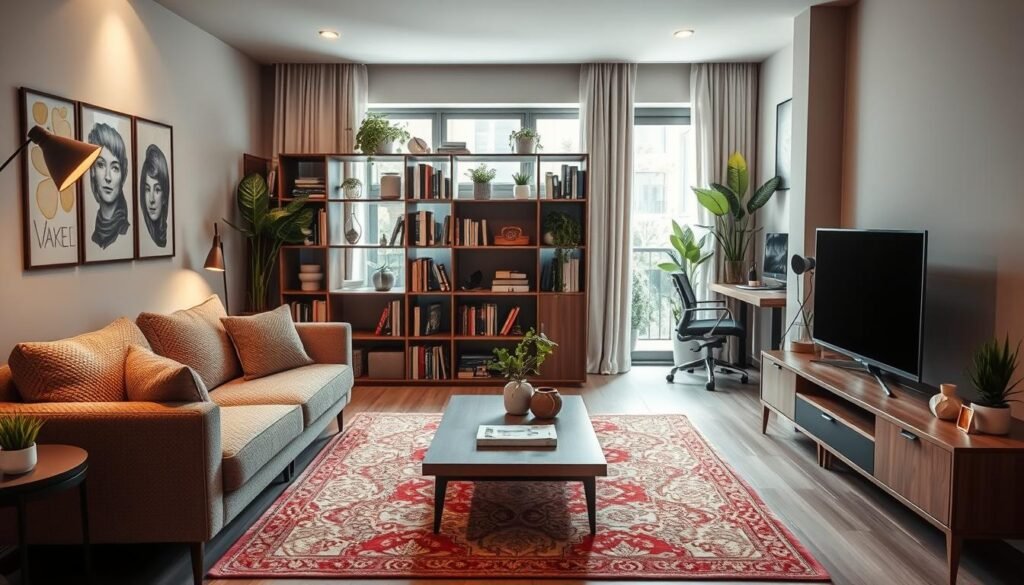 A cozy small living room designed for maximum functionality and style. The foreground features a compact sofa with textured cushions, a stylish coffee table, and a vibrant rug that delineates the seating area. The middle section showcases a multi-functional bookshelf serving as a room divider, filled with books and decorative items, creating a visual boundary between the seating area and a small workspace with an ergonomic desk and chair. In the background, a large window bathes the room in natural light, highlighting indoor plants and soft curtains. The atmosphere is warm and inviting, with a neutral color palette accented by pops of greenery. The image should have soft, ambient lighting, captured from a slightly elevated angle to emphasize the layout and flow of the space.
