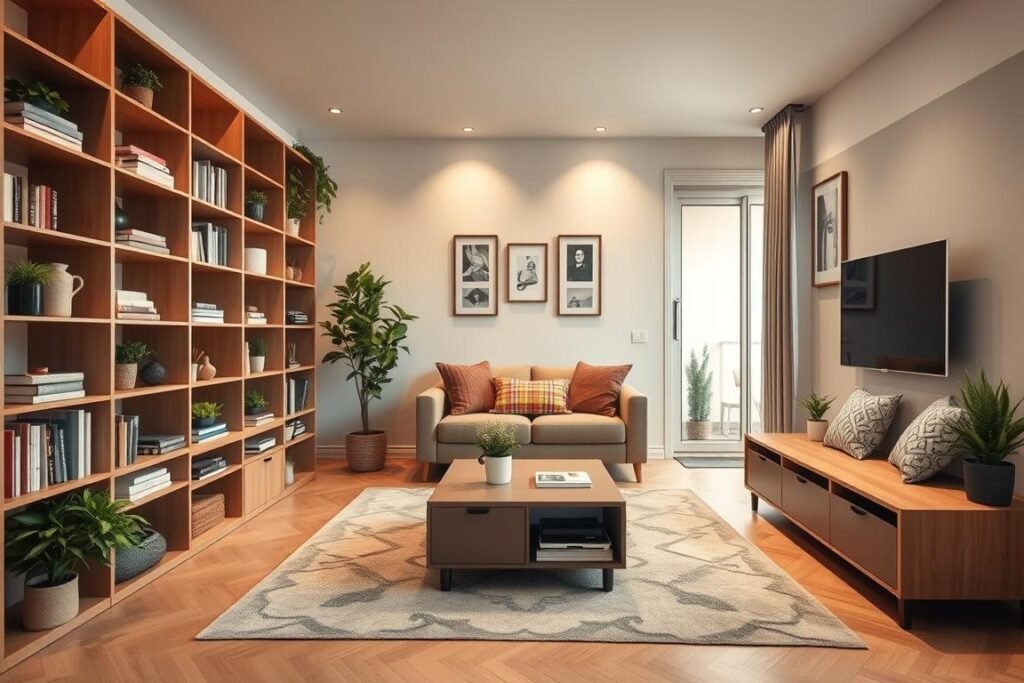 A cozy small living room designed for optimal storage solutions, featuring a stylish modular shelving unit filled with books, plants, and decorative items in the foreground. A multifunctional coffee table with hidden storage compartments sits in the center, surrounded by a soft area rug. In the middle, a compact sofa adorned with colorful throw pillows faces a sleek wall-mounted TV. The background reveals light, airy walls adorned with framed artwork and a sliding glass door that invites natural light, enhancing the atmosphere. Warm, ambient lighting creates a welcoming feel, while the use of a wide-angle lens emphasizes the smart space-saving features and layout, inspiring viewers with practical ideas for their own apartments.