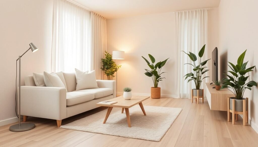 A cozy small living room designed in soft, light colors to create an inviting atmosphere. The foreground features a plush, cream-colored sofa adorned with pastel throw pillows, complemented by a small, elegant coffee table made of light wood. In the middle ground, a charming area rug in gentle hues anchors the space, alongside a contemporary floor lamp emitting warm, ambient light. The background showcases light beige walls with subtle textured paint, accentuated by airy curtains that allow natural light to flood the room. Potted green plants add a touch of freshness. The composition captures a sense of tranquility and openness, with a soft focus and wide-angle view to enhance the feeling of spaciousness.