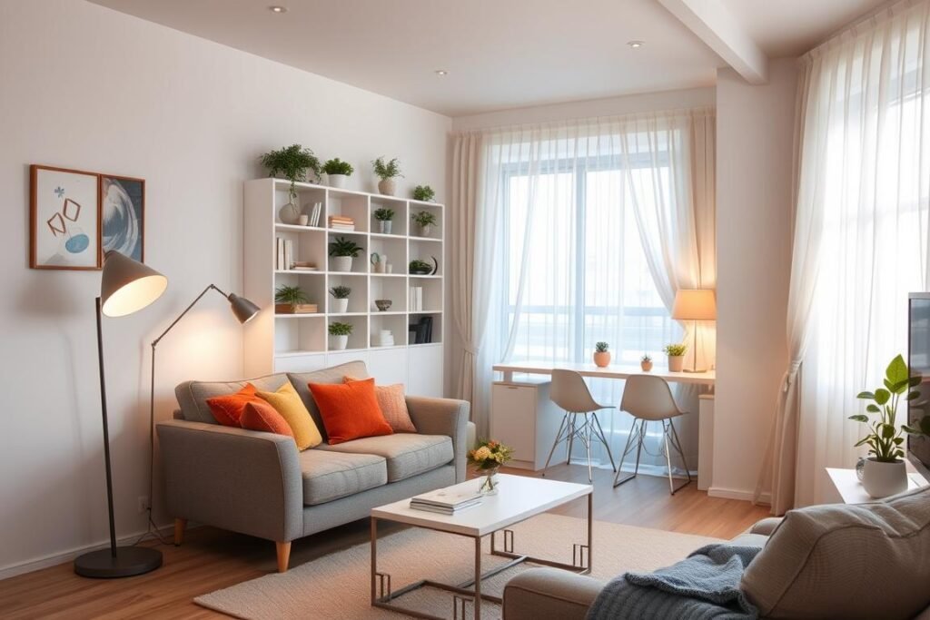 A cozy small living room designed to maximize space, featuring light-colored walls and furniture for an airy feel. In the foreground, a stylish, compact sofa adorned with colorful cushions sits beside a minimalist coffee table. The middle ground displays a cleverly arranged bookshelf with decorative plants, and soft, warm lighting from strategically placed lamps and natural light filtering through sheer curtains enhances the inviting atmosphere. In the background, an open concept design reveals a multifunctional space, possibly incorporating a small desk area. The overall ambiance is bright and cheerful, conveying a harmonious balance of functionality and comfort in a limited area.