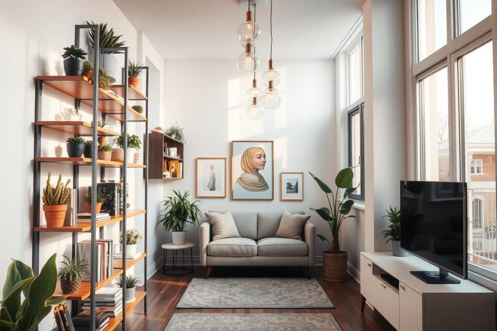 A cozy, small living room designed to maximize vertical space. In the foreground, sleek, modern shelves reaching up to the ceiling display potted plants, books, and decorative items. The middle section features a multifunctional furniture piece, such as a compact couch with built-in storage, positioned against a wall adorned with framed art. In the background, large windows allow soft, natural light to flood the room, highlighting a light-colored palette of walls and decor, enhancing a spacious feel. The atmosphere is inviting and warm, with a few stylish lighting fixtures hanging to draw the eye upward. Use a wide-angle lens to capture the room's illusion of depth, showcasing the clever use of height in decor.