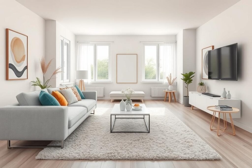 A cozy small living room designed with an effective color scheme, showcasing soft pastels and light neutrals to create an illusion of space. In the foreground, a sleek, modern sofa in a light gray hue adorned with colorful cushions. The middle section features a minimalist coffee table with a few decorative items, surrounded by a plush area rug that enhances warmth. The background includes light-colored walls, large windows allowing natural light to flood in, and tasteful artwork that complements the color palette. Soft, diffused lighting adds a serene atmosphere, and a wide-angle view captures the overall arrangement and strategic use of colors to expand the space visually.