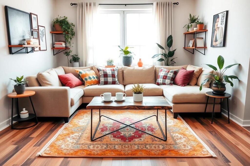 A cozy small living room featuring a compact and inviting layout. In the foreground, a plush, neutral-colored sectional sofa adorned with colorful throw pillows invites relaxation. A decorative area rug with warm hues anchors the seating arrangement. The middle ground showcases a multi-functional coffee table made of reclaimed wood, holding a few stylish coffee mugs and a small potted plant. Flanking the room, shelves display curated books and personal artifacts, adding a homely touch. The background reveals a window with sheer curtains allowing soft, natural light to filter in, enhancing the atmosphere. The walls are painted in soft tones, and strategically placed indoor plants introduce a vibrant, fresh feel. The overall ambiance radiates warmth and comfort, perfect for small-space living.