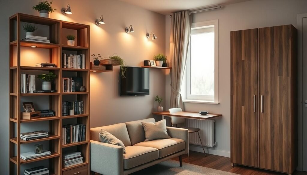 A cozy small living room featuring innovative vertical storage solutions. In the foreground, a stylish wooden shelving unit with multiple tiers holds books, plants, and decorative items, maximizing vertical space. The middle layer showcases a compact sofa with neutral upholstery positioned against the wall, beneath ambient lighting from wall-mounted lamps. In the background, a small wall-mounted desk with minimalist design allows for workspace integration without occupying floor space, while a narrow vertical cabinet with sliding doors adds extra storage. Soft natural light filters through a window, creating a warm, inviting atmosphere. The overall mood is modern and functional, highlighting practical design elements that enhance small living environments.