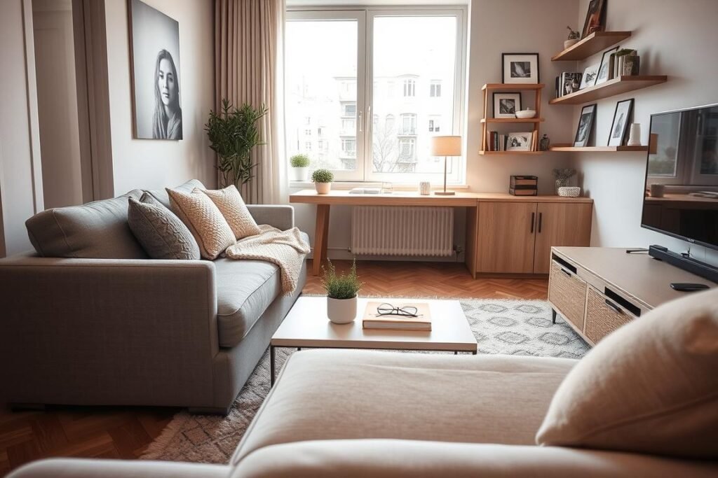 A cozy small living room featuring multifunctional furniture designed for compact spaces. In the foreground, a stylish, modular sofa that easily converts into a bed, surrounded by soft, textured throw pillows and a warm, knitted blanket. In the middle ground, a sleek, multifunctional coffee table that can also serve as a storage unit, adorned with a small potted plant and a few books. In the background, a wall-mounted, space-saving desk with a delicate lamp, complemented by decorative shelves filled with curated art pieces. The scene is illuminated by soft, natural lighting from a nearby window, creating a warm and inviting atmosphere. The perspective is a slightly elevated angle, showcasing the room's layout and harmonious design, evoking a sense of comfort and practicality.