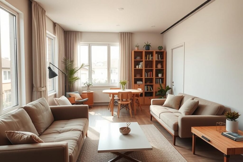 A cozy small living room featuring multifunctional furniture designed for optimal space utilization. In the foreground, a stylish sofa that transforms into a bed, paired with a sleek, modern coffee table that has hidden storage. In the middle, a compact, foldable dining table with two chairs neatly tucked underneath, alongside a bookshelf that doubles as a room divider. The background showcases large windows allowing natural light to flood the space, enhancing the warm, inviting atmosphere. Soft, neutral color tones create a calming vibe, while decorative plants add a touch of freshness. Shot with a wide-angle lens to emphasize the layout, highlighting the clever arrangement that maximizes versatility without sacrificing comfort. The lighting is bright and airy, creating a cheerful environment.