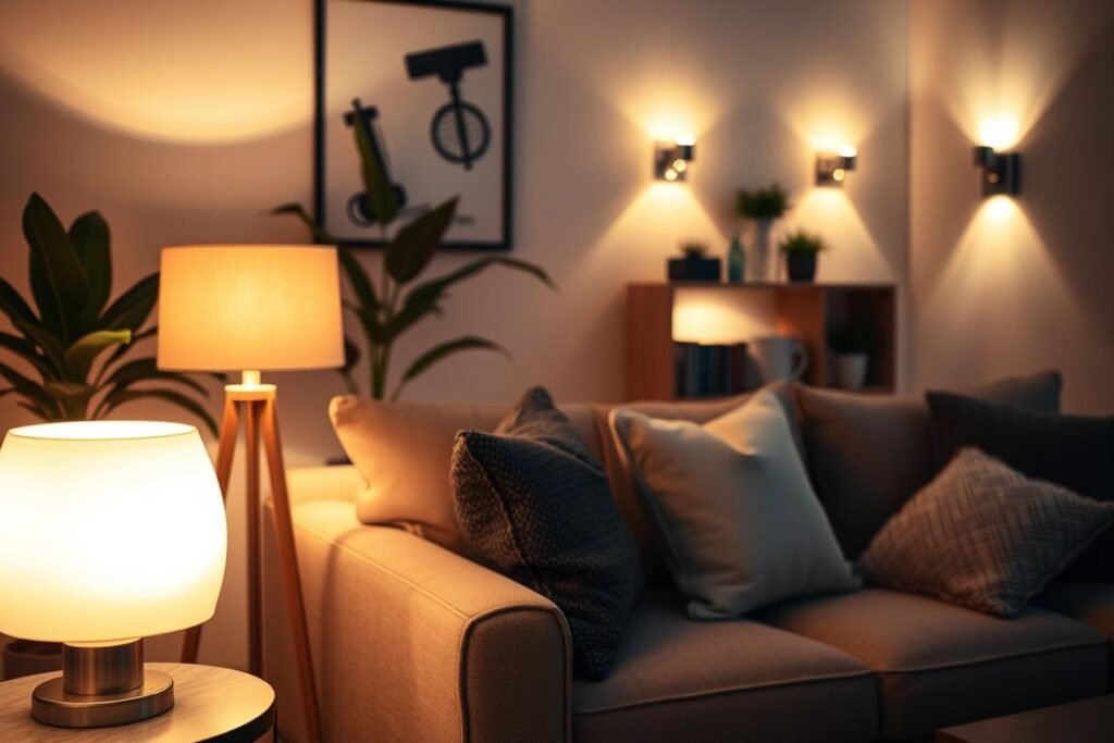 A cozy small living room filled with layered lighting arrangements that enhance warmth and dimension. In the foreground, a stylish side table adorned with a soft, glowing table lamp casting a warm light. The middle layer features a plush sofa with a mix of textured cushions, accompanied by an attractive floor lamp with a gentle diffuse shade. In the background, softly illuminated wall sconces frame a small bookshelf, revealing decorative items that catch the light. The space should exude a welcoming atmosphere, with neutral tones and splashes of color from throw pillows and plants. The image captures a cozy ambiance, filmed from a slightly elevated angle to showcase the lighting effects and inviting layout.