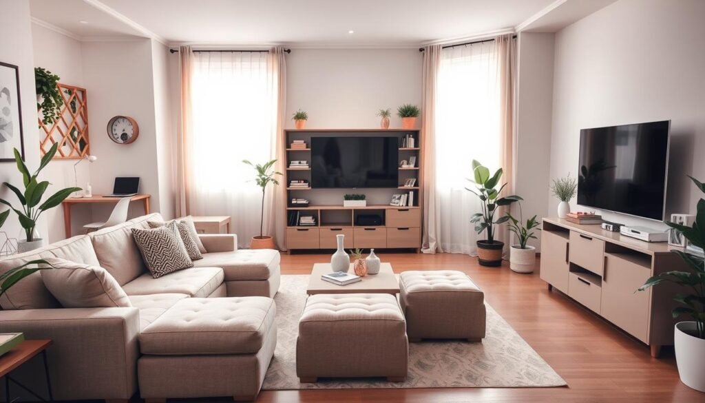 A cozy small living room filled with space-saving furniture ideas. In the foreground, a compact sectional sofa with a neutral color palette, a stylish coffee table, and multifunctional storage ottomans. In the middle, a compact bookshelf blending with the wall, showcasing decorative items and books. To the left, a sleek wall-mounted TV and a small desk tucked away in a corner. The background features soft, natural lighting streaming through a window adorned with light curtains, creating a warm atmosphere. The room has a modern, minimalist design with plants adding a touch of greenery, emphasizing comfort and smart layout choices. The scene is inviting, showcasing the clever use of space without depicting any people.