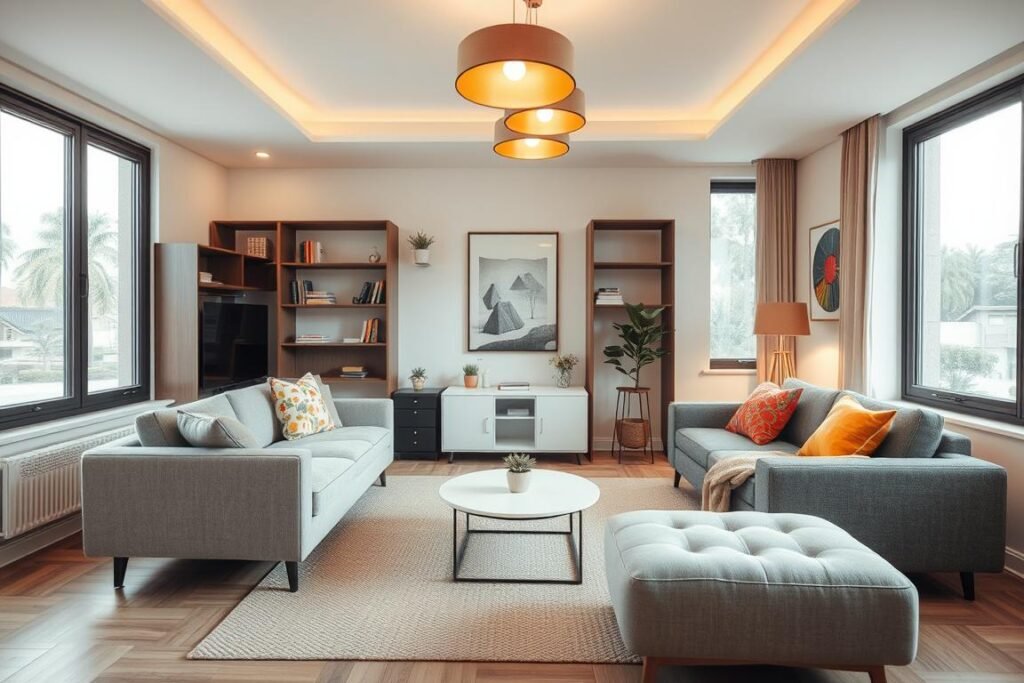 A cozy small living room layout showcasing space-saving design ideas. In the foreground, a compact sofa is angled thoughtfully, paired with a minimalist coffee table adorned with a small potted plant. The middle section features stylish shelving units and multifunctional furniture, like an ottoman that doubles as storage. The background includes large windows allowing natural light to flood the room, illuminating soft, neutral-toned walls. Overhead, warm pendant lighting complements a modern, inviting atmosphere. The room is decorated in a contemporary style with vibrant accent pillows and a textured area rug, presenting a harmonious flow and efficient use of space. The perspective is a wide-angle shot to capture the seamless layout and inviting ambiance.