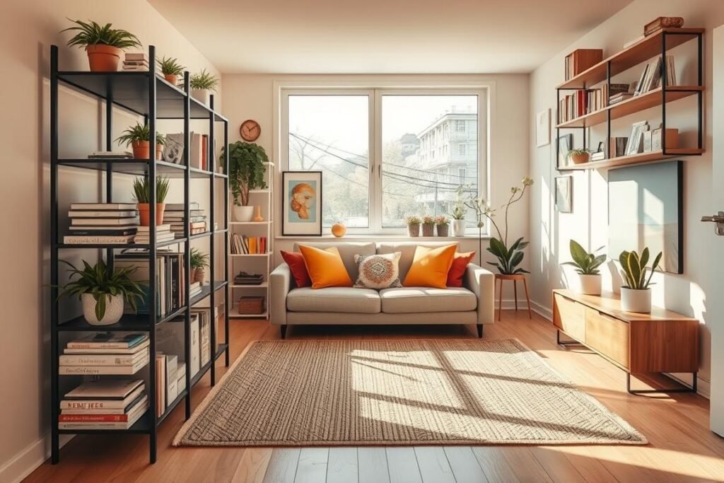 A cozy small living room showcasing an efficient use of vertical space with stylish shelving. In the foreground, a tall, sleek bookshelf filled with books, decorative plants, and vibrant art pieces creates an inviting atmosphere. The middle section features a comfortable, minimalist sofa adorned with colorful cushions, positioned strategically to enhance space usability. Behind, large windows allow warm natural light to flood the room, casting soft shadows that accentuate the textures of a woven rug beneath. The walls are painted in light, soothing colors, while the overall layout emphasizes openness and organization. The mood conveys a sense of tranquility and clever design, ideal for maximizing every inch without sacrificing style. The perspective is a slightly elevated angle to capture the height of the shelves while showcasing the room’s functionality.