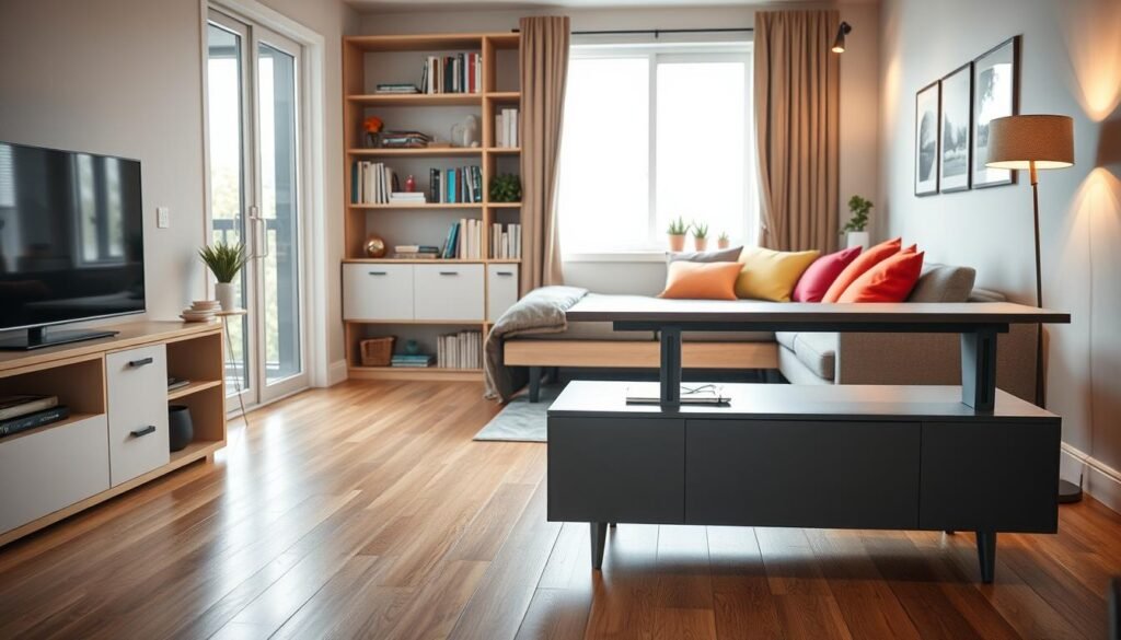 A cozy small living room showcasing innovative multi-functional furniture designed for space optimization. In the foreground, a modern, stylish coffee table that transforms into a desk and features hidden storage. The middle ground features a compact sofa bed with vibrant cushions, set against a wall of built-in shelves displaying books and decorative items. In the background, a large window allows natural light to flood the room, illuminating the warm hardwood floor. Soft, inviting lighting enhances the atmosphere, creating a sense of comfort and functionality. The overall mood is bright, airy, and functional, symbolizing smart design solutions for small spaces. The arrangement should feel realistic and lived-in, inviting viewers to imagine their own small living room transformed by these ideas.