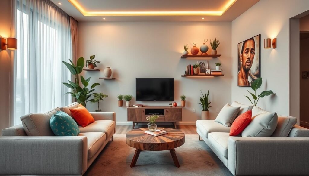 A cozy small living room, visually optimized for space, featuring a clever layout. In the foreground, a stylish, compact sofa in a light fabric with colorful throw pillows and a small, circular coffee table made of reclaimed wood. The middle section includes a wall-mounted TV and floating shelves filled with books and plants, creating an inviting focal point. The background displays a large window with sheer curtains, allowing natural light to flood the room, enhancing the sense of space. Soft ambient lighting from mounted wall sconces casts a warm glow. The color palette blends soft pastels with vibrant accents, adding a cheerful yet serene atmosphere. The perspective focuses on the layout, showcasing efficient use of space, with an emphasis on flow and functionality.