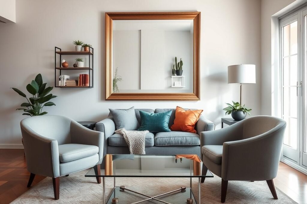 A cozy small living room with strategically placed mirrors enhancing the sense of space. In the foreground, a stylish glass coffee table reflects light, surrounded by two sleek, modern armchairs upholstered in muted tones. The middle ground features a large, beautifully framed mirror hung above a compact sofa draped with colorful throw pillows, creating depth and interest. The background showcases a wall of shelves with indoor plants and decorative books, also reflecting in the mirror. Soft, natural lighting streams through a nearby window, casting gentle shadows and creating a welcoming atmosphere. Aim for a realistic composition that emphasizes the transformative effect of mirrors in a small living area.