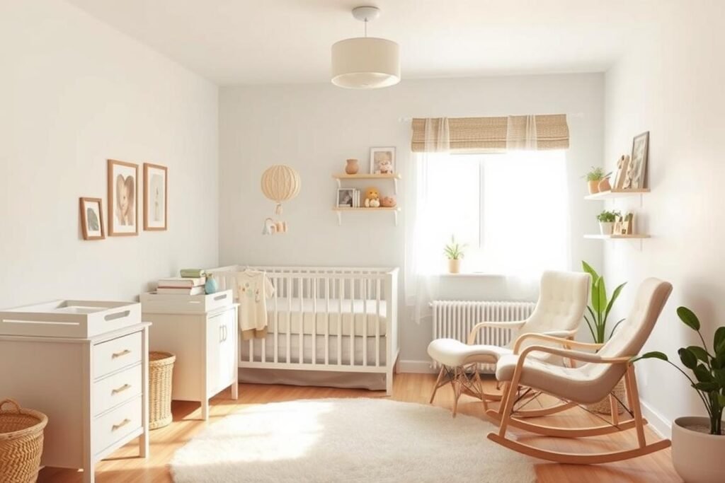 A cozy, small nursery designed for space-saving, featuring a cleverly placed crib against a light pastel-colored wall. The crib has a minimalist design with soft bedding and a small mobile hanging above. In the foreground, include a stylish but compact changing table and a comfy rocking chair, all arranged efficiently. The middle ground showcases a bright window allowing natural light to pour in, illuminating subtle wall decorations like framed prints and shelves with neatly organized toys. The background should have a spacious feel, with a soft area rug adding warmth, and plants for a touch of greenery. The atmosphere is serene and inviting, resembling a perfect nook for a baby. Use soft, warm lighting to enhance the comfort, captured from a slightly elevated angle for an expansive view.